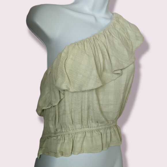 AE Muted Green Gauze One Shoulder Ruffles Flirty Top Size M Measurements 👇 - Picture 2 of 6